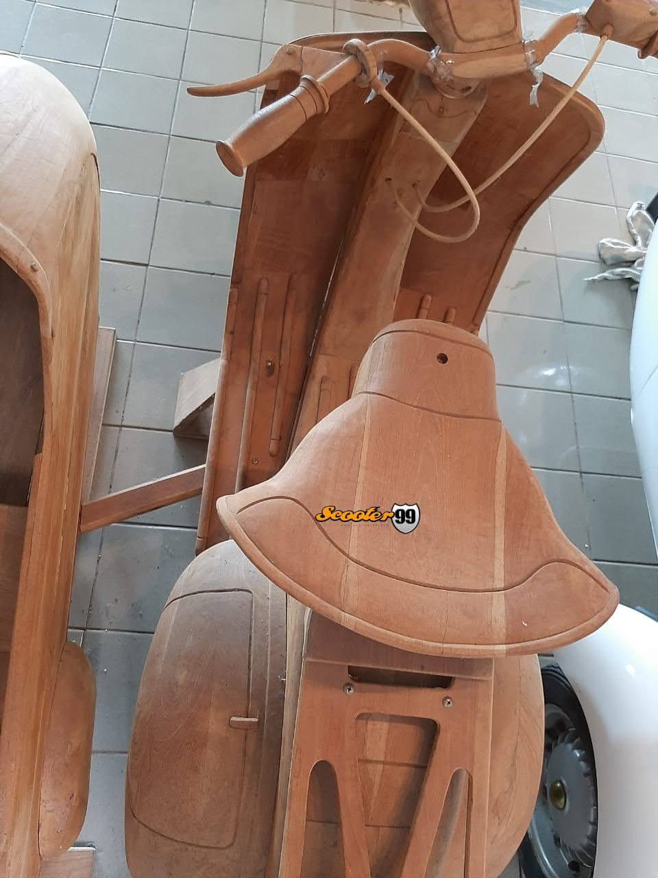 Full-size teak-wood Vespa sidecar sculpture for cafés and galleries